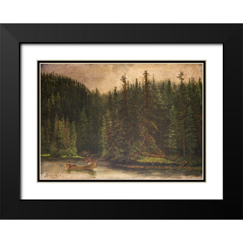 Indian Hunters in Canoe Black Modern Wood Framed Art Print with Double Matting by Bierstadt, Albert