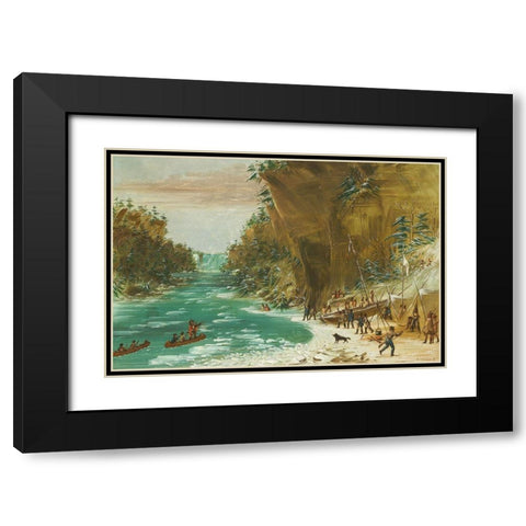 The Expedition Encamped below the Falls of Niagara Black Modern Wood Framed Art Print with Double Matting by Catlin, George