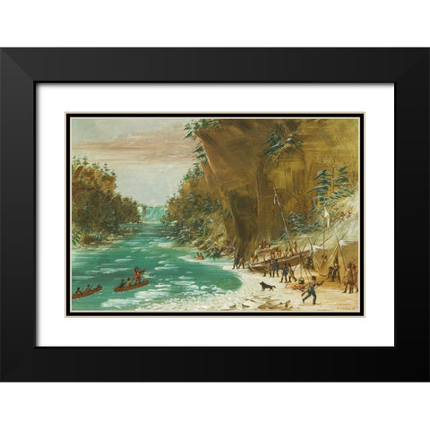 The Expedition Encamped below the Falls of Niagara Black Modern Wood Framed Art Print with Double Matting by Catlin, George