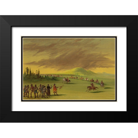 La Salle Meets a War Party of Cenis Indians on a Texas Prairie. April 25, 1686 Black Modern Wood Framed Art Print with Double Matting by Catlin, George