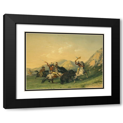 Attacking the Grizzly Bear Black Modern Wood Framed Art Print with Double Matting by Catlin, George