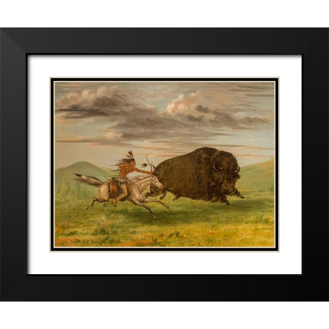 Indian Killing Buffalo with Bow and Arrow Black Modern Wood Framed Art Print with Double Matting by Catlin, George