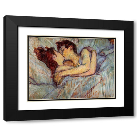 In Bed, The Kiss Black Modern Wood Framed Art Print with Double Matting by Toulouse-Lautrec, Henri de