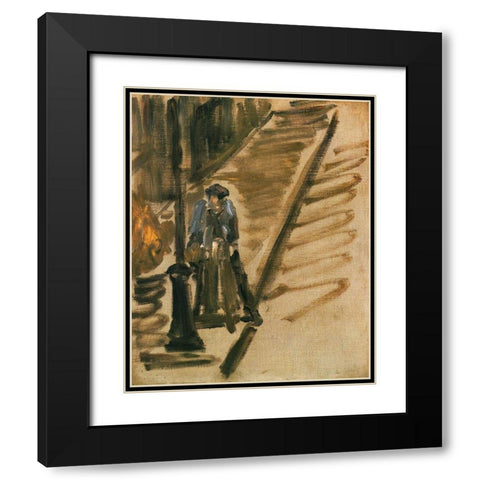 Rue Mossnier with Knife Grinder Black Modern Wood Framed Art Print with Double Matting by Manet, Edouard