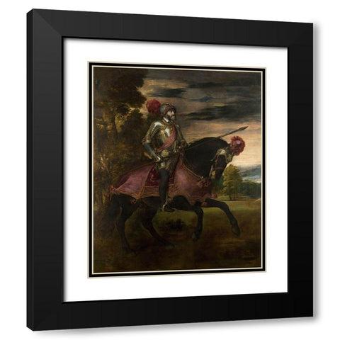 Equestrian Portrait of Charles V Black Modern Wood Framed Art Print with Double Matting by Titian