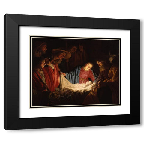 Adoration of the Shepherds Black Modern Wood Framed Art Print with Double Matting by van Honthorst, Gerard
