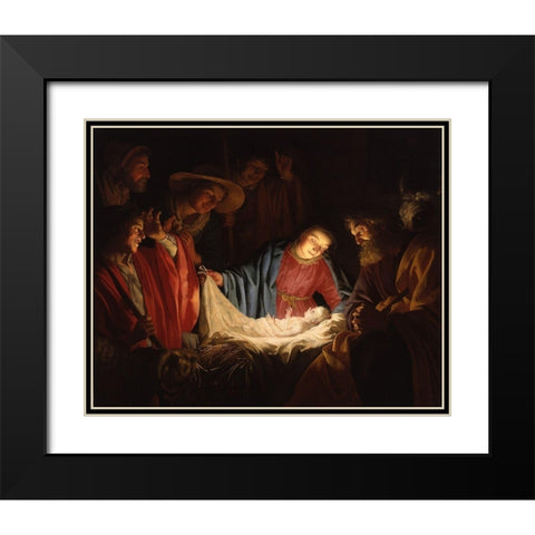 Adoration of the Shepherds Black Modern Wood Framed Art Print with Double Matting by van Honthorst, Gerard