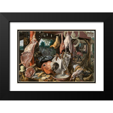 A Meat Stall with the Holy Family Giving Alms Black Modern Wood Framed Art Print with Double Matting by Aertsen, Pieter
