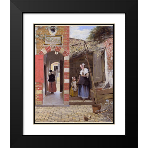 The Courtyard of a House in Delft Black Modern Wood Framed Art Print with Double Matting by de Hooch, Pieter