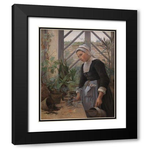 Brittany girl arranges plants in a greenhouse Black Modern Wood Framed Art Print with Double Matting by Petersen, Anna