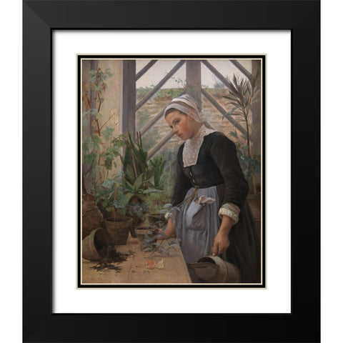 Brittany girl arranges plants in a greenhouse Black Modern Wood Framed Art Print with Double Matting by Petersen, Anna