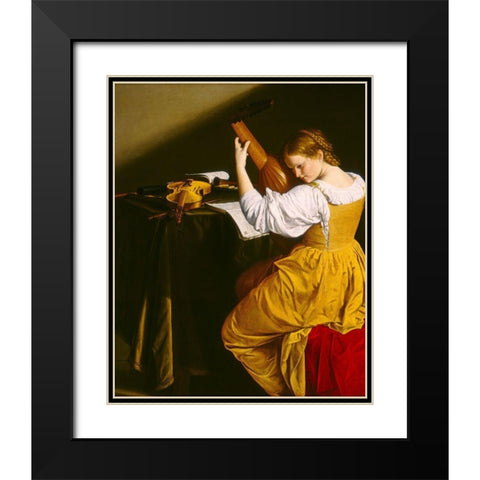 The Lute Player Black Modern Wood Framed Art Print with Double Matting by Gentileschi, Orazio