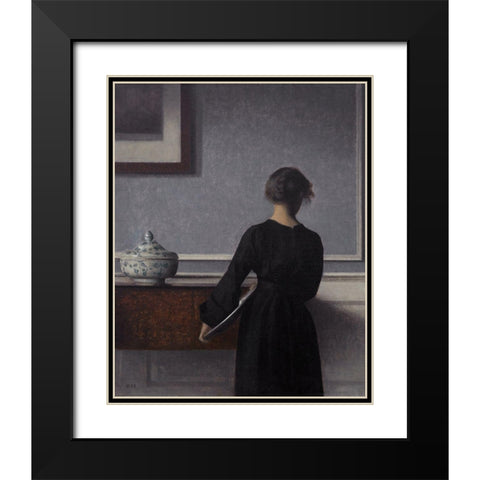 Interior with Young Woman Seen from the Back Black Modern Wood Framed Art Print with Double Matting by Hammershoi, Vilhelm