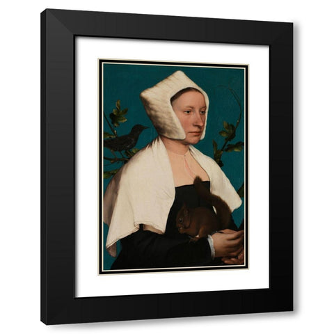 Portrait of a Lady with a Squirrel and a Starling Black Modern Wood Framed Art Print with Double Matting by Holbein, Hans
