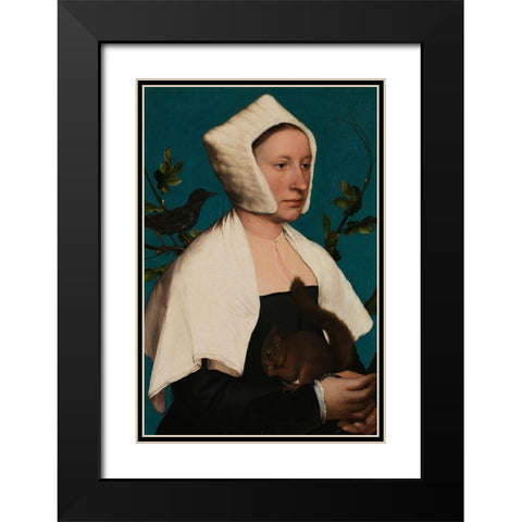 Portrait of a Lady with a Squirrel and a Starling Black Modern Wood Framed Art Print with Double Matting by Holbein, Hans