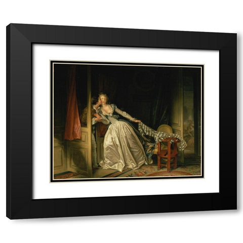 The Stolen Kiss Black Modern Wood Framed Art Print with Double Matting by Fragonard, Jean-Honore