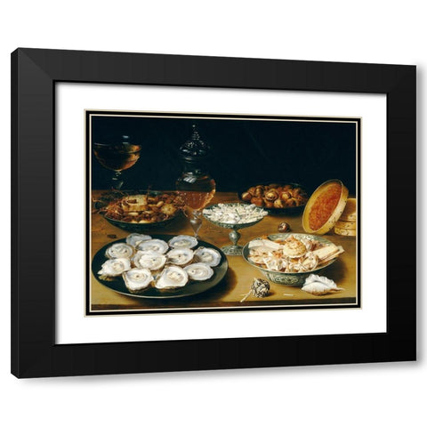 Dishes with Oysters, Fruit, and WineÂ atÂ Still life Black Modern Wood Framed Art Print with Double Matting by Beert, Osias