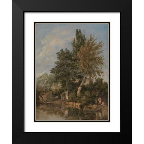 Boys Bathing on theÂ River Wensum, Norwich Black Modern Wood Framed Art Print with Double Matting by Crome, John