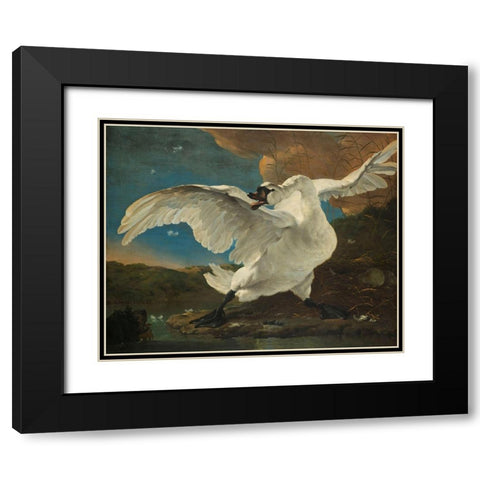 The Threatened Swan Black Modern Wood Framed Art Print with Double Matting by Asselijn, Jan