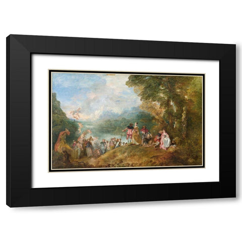 The Embarkation for Cythera Black Modern Wood Framed Art Print with Double Matting by Watteau, Jean-Antoine