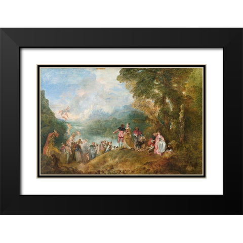 The Embarkation for Cythera Black Modern Wood Framed Art Print with Double Matting by Watteau, Jean-Antoine