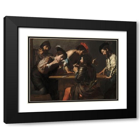 Soldiers Playing Cards and Dice, The Cheats Black Modern Wood Framed Art Print with Double Matting by de Boulogne, Valentin