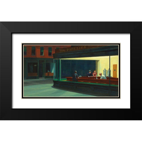 Nighthawks Black Modern Wood Framed Art Print with Double Matting by Hopper, Edward