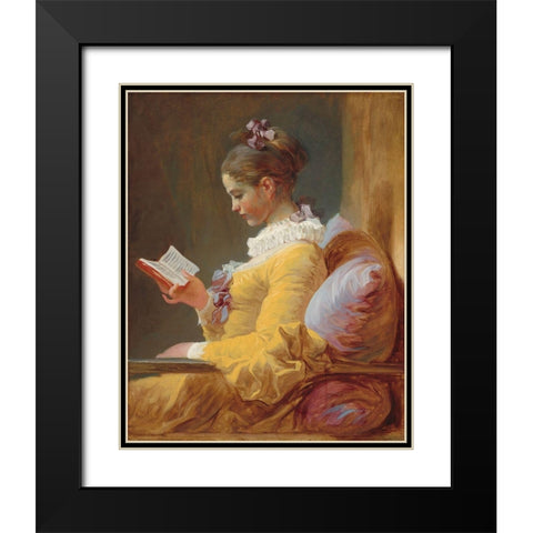 A Young Girl Reading Black Modern Wood Framed Art Print with Double Matting by Fragonard, Jean-Honore