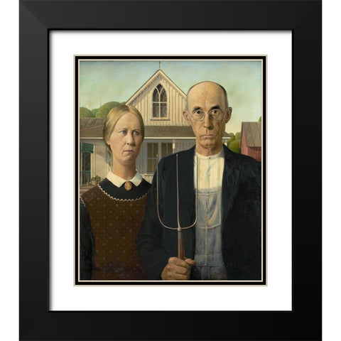 American Gothic Black Modern Wood Framed Art Print with Double Matting by Wood, Grant