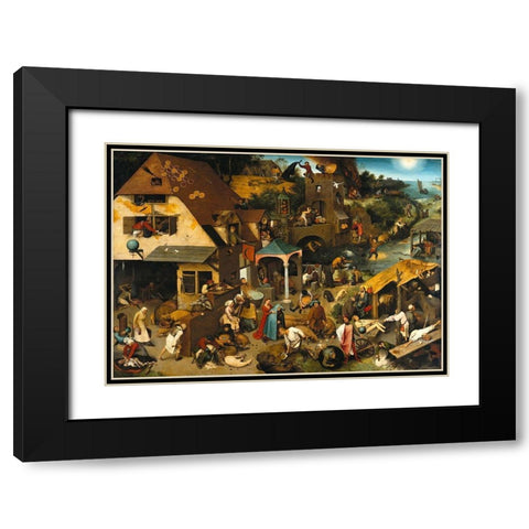 Netherlandish Proverbs Black Modern Wood Framed Art Print with Double Matting by Bruegel the Elder, Pieter