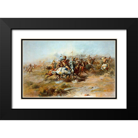 The Custer Fight Black Modern Wood Framed Art Print with Double Matting by Russell, Charles Marion