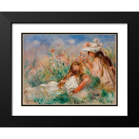 Girls in the Grass Arranging a Bouquet 1890 Black Modern Wood Framed Art Print with Double Matting by Renoir, Pierre-Auguste