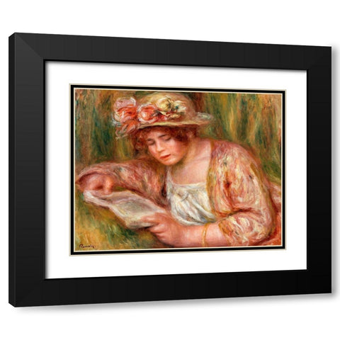 Andree in a Hat, Reading 1918 Black Modern Wood Framed Art Print with Double Matting by Renoir, Pierre-Auguste