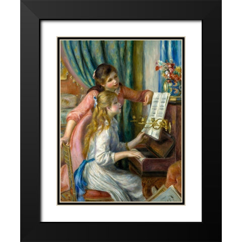 Two Young Girls at the Piano Black Modern Wood Framed Art Print with Double Matting by Renoir, Pierre-Auguste
