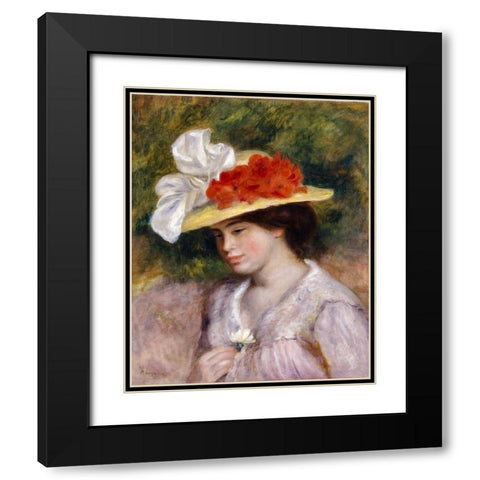 Woman in a Flowered Hat Black Modern Wood Framed Art Print with Double Matting by Renoir, Pierre-Auguste