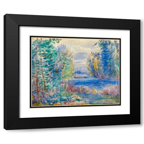 River Landscape, 1890 Black Modern Wood Framed Art Print with Double Matting by Renoir, Pierre-Auguste