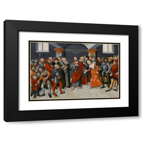 Christ and the Adulteress Black Modern Wood Framed Art Print with Double Matting by Cranach the Younger, Lucas