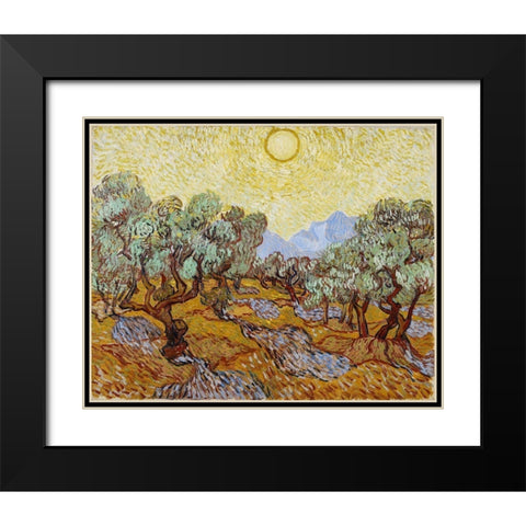 Olive Trees with yellow sky and sun Black Modern Wood Framed Art Print with Double Matting by van Gogh, Vincent