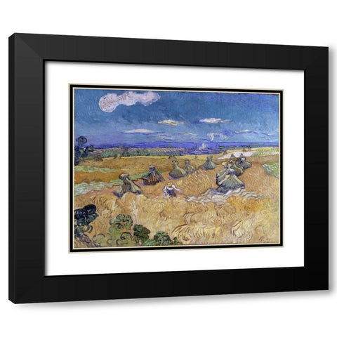 Wheat Stacks with Reaper Black Modern Wood Framed Art Print with Double Matting by van Gogh, Vincent