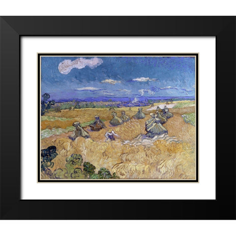Wheat Stacks with Reaper Black Modern Wood Framed Art Print with Double Matting by van Gogh, Vincent
