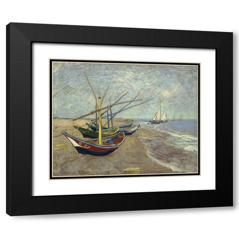 Fishing boats on the beach at Les Saintes-Maries-de-la-Mer Black Modern Wood Framed Art Print with Double Matting by van Gogh, Vincent