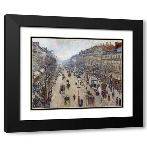 Boulevard Montmartre, Morning, Cloudy Weather Black Modern Wood Framed Art Print with Double Matting by Pissarro, Camille