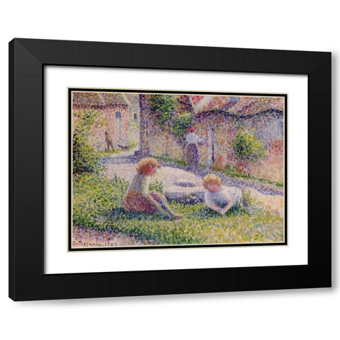 Children on a farm Black Modern Wood Framed Art Print with Double Matting by Pissarro, Camille