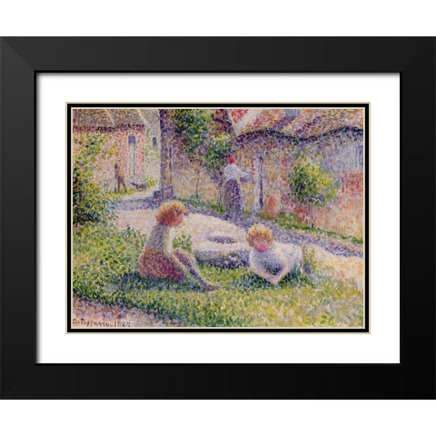 Children on a farm Black Modern Wood Framed Art Print with Double Matting by Pissarro, Camille