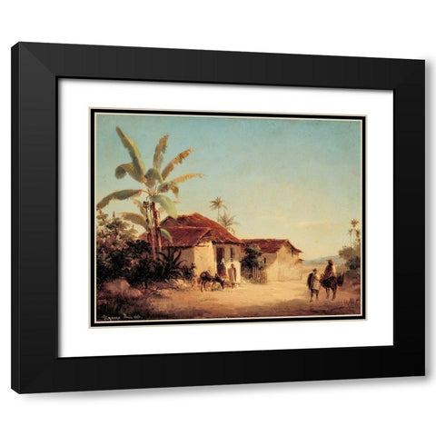 Landscape with Farmhouses and Palm Trees Black Modern Wood Framed Art Print with Double Matting by Pissarro, Camille