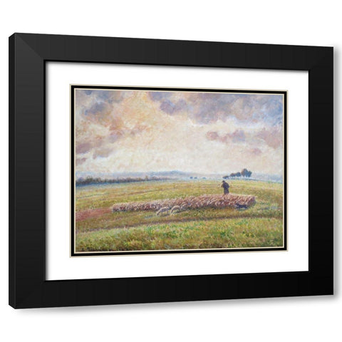 Landscape with Flock of Sheep Black Modern Wood Framed Art Print with Double Matting by Pissarro, Camille