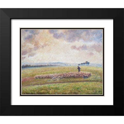 Landscape with Flock of Sheep Black Modern Wood Framed Art Print with Double Matting by Pissarro, Camille