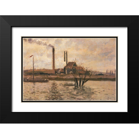 Factory at Sr Ouen-lAumone, the Flood of the Oise Black Modern Wood Framed Art Print with Double Matting by Pissarro, Camille