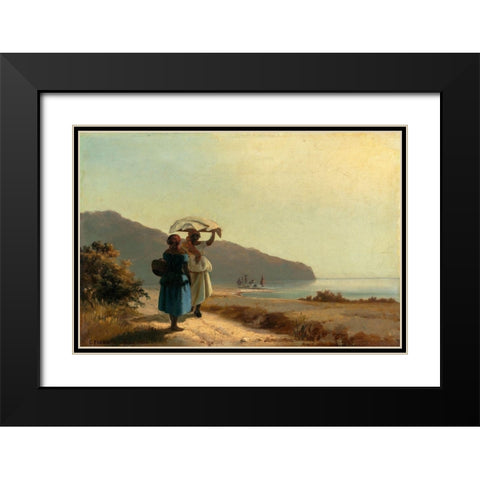 Two Women Chatting by the Sea, St. Thomas Black Modern Wood Framed Art Print with Double Matting by Pissarro, Camille
