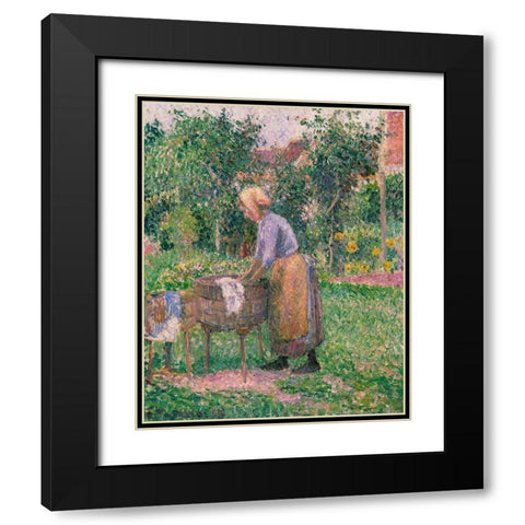 A Washerwoman at Eragny Black Modern Wood Framed Art Print with Double Matting by Pissarro, Camille